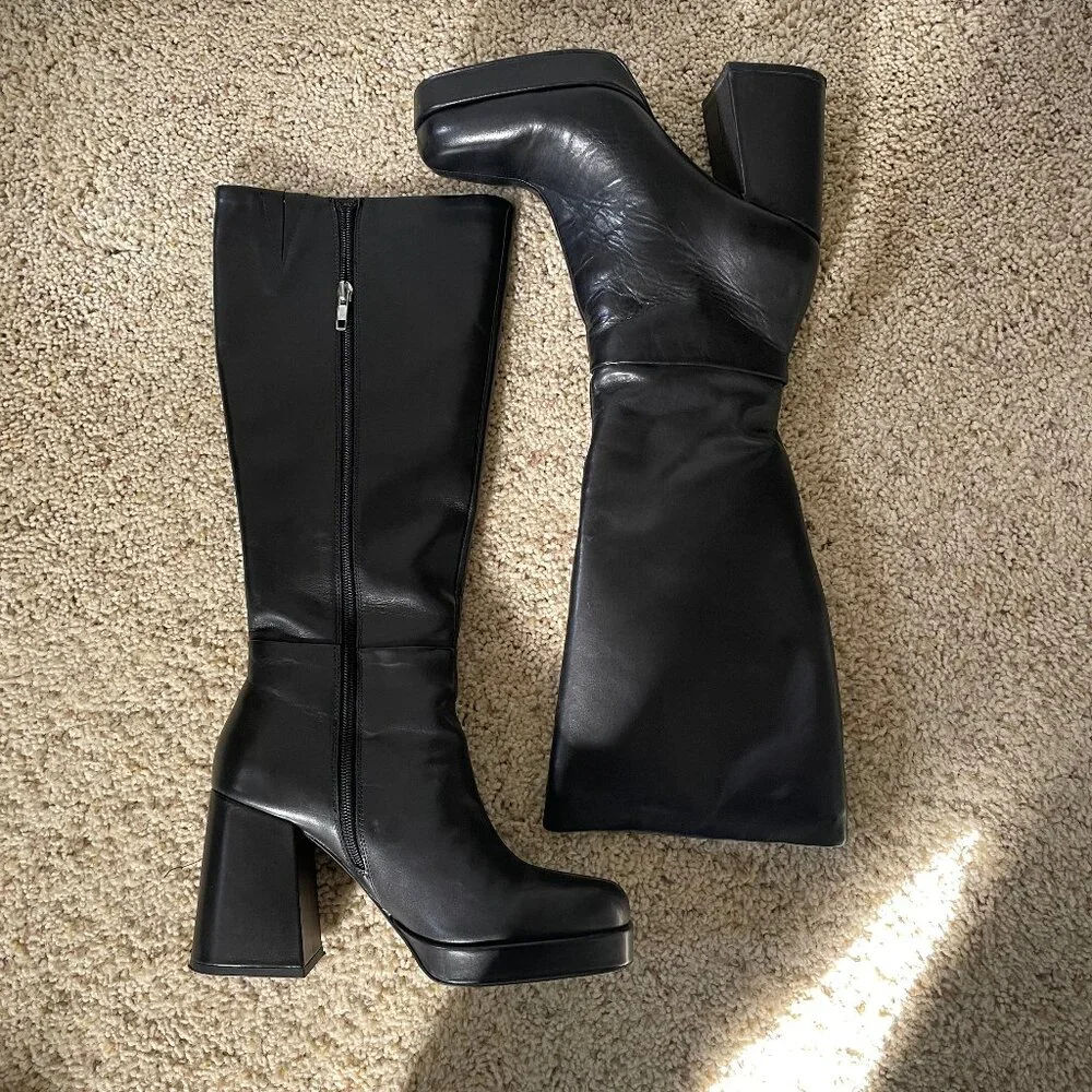 Platform Square Toe Leather Boots - Picture 4 of 9
